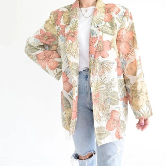 Vintage Sag Harbor II Cream  Floral Print Single Button Blazer - Picture 2 of 13